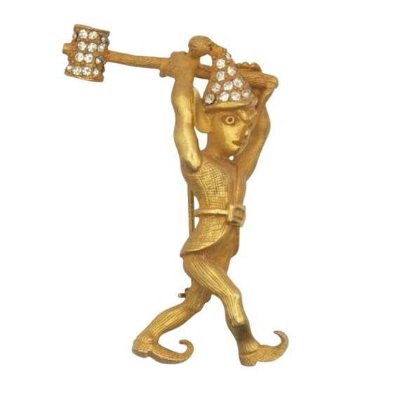 Vintage Elves Gold Tone Rhinestone with Hammer and Nail Brooch Set by Geno Ltd - Picture 2 of 16